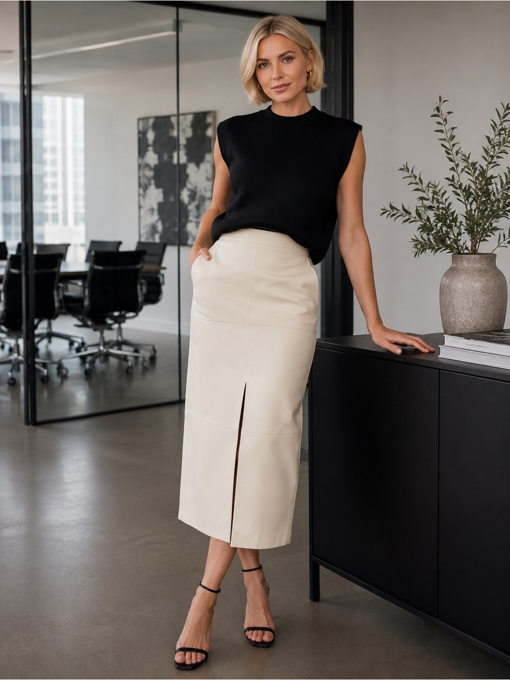 H&M EDITION Vegan Leather Maxi Skirt Cream Ivory Size 8